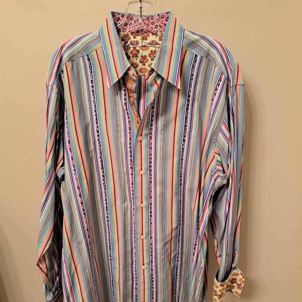 Robert Graham Blue Green Strip Pattern Long Sleeve Shirt XL